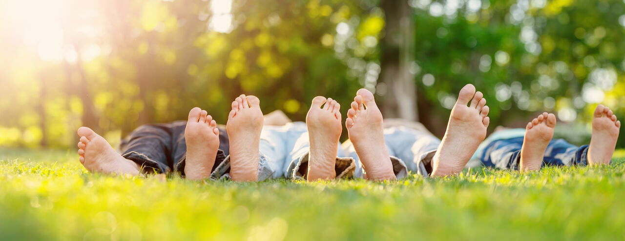 Five bare feet lie on green grass, the toes visible. The feet belong to people lying in a row.