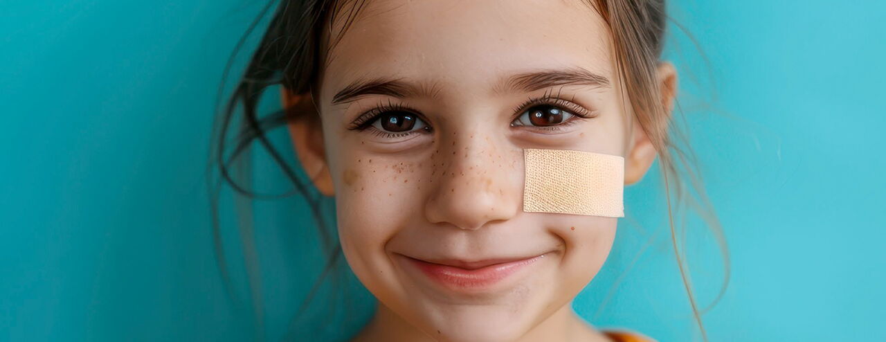 Ein Mädchen mit langen, dunklen Haaren und einem orangefarbenen Oberteil steht vor einem blauen Hintergrund. Es hat ein Pflaster auf der BAcke